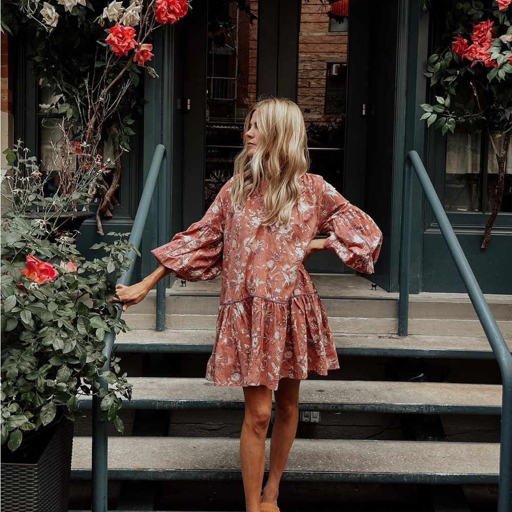 Boho Floral Tiered Mini Dress - Rust Pink